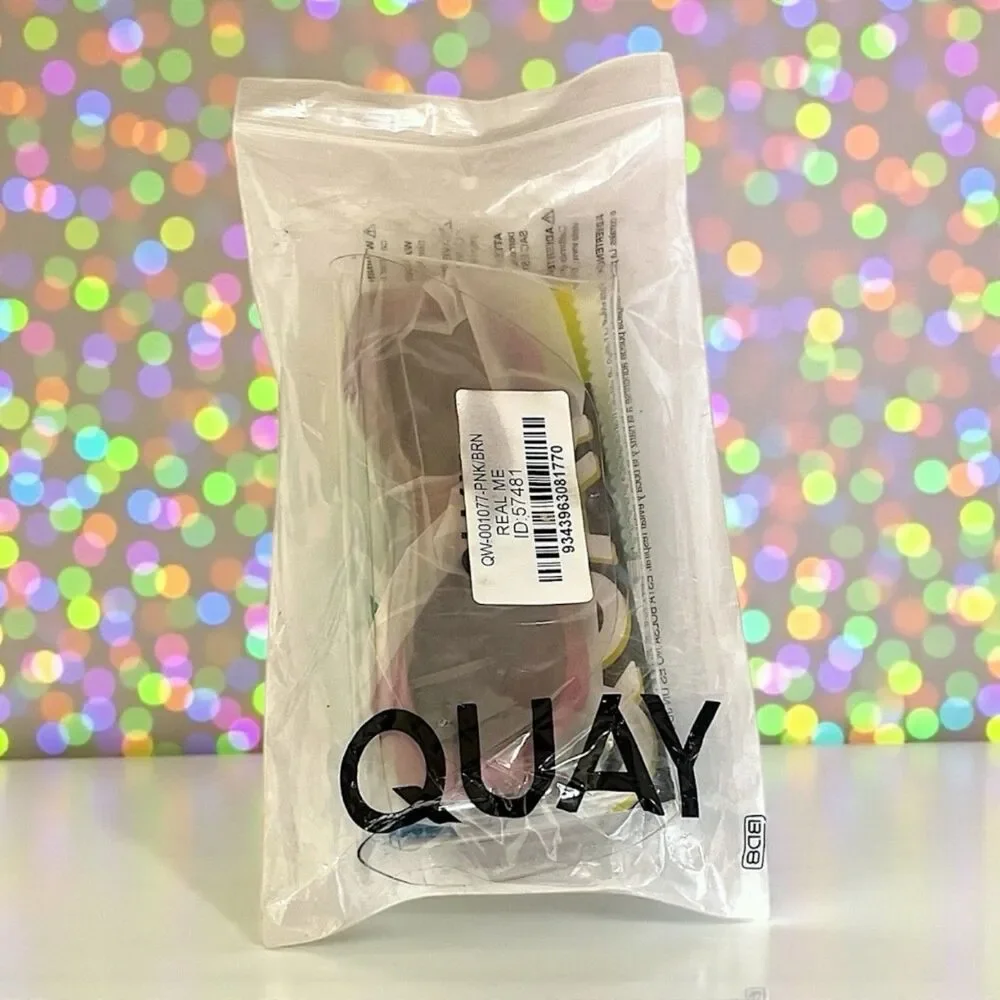 Quay Real Me Sunglasses Geometric Pink Ombre Frame Brown Lens NWT And Case